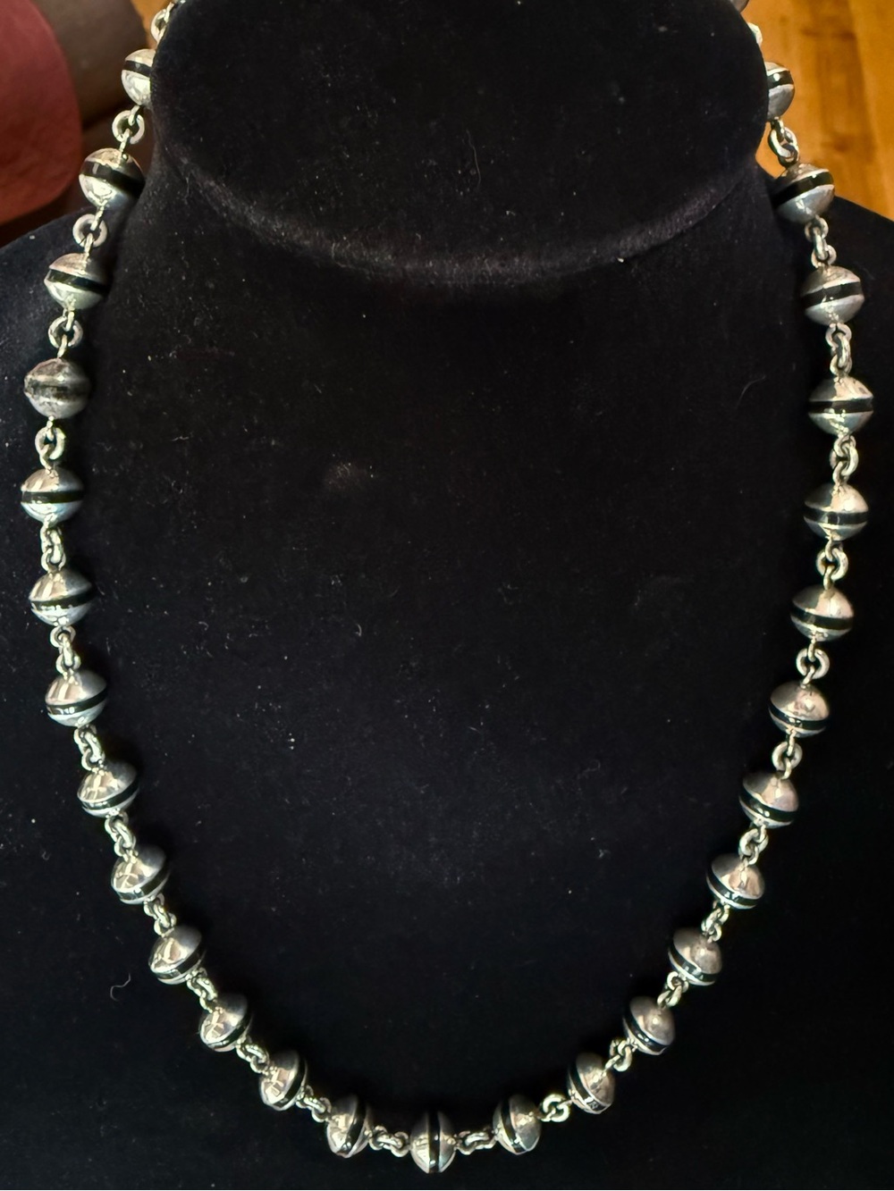 Sterling Silver Black Banded Ball Beaded Necklace Stamped Taxco Silversmith